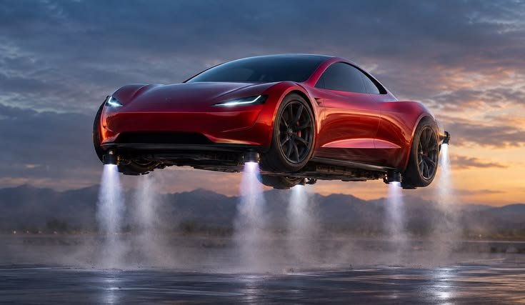 Tesla flying car 2026 Roadster exterior with futuristic aerodynamic design